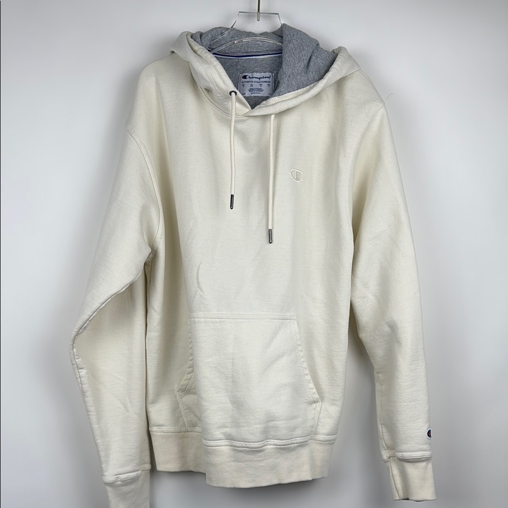 Champion Men's Solid Cream Logo Drawstring Hoodie Sweatshirt Size Medium